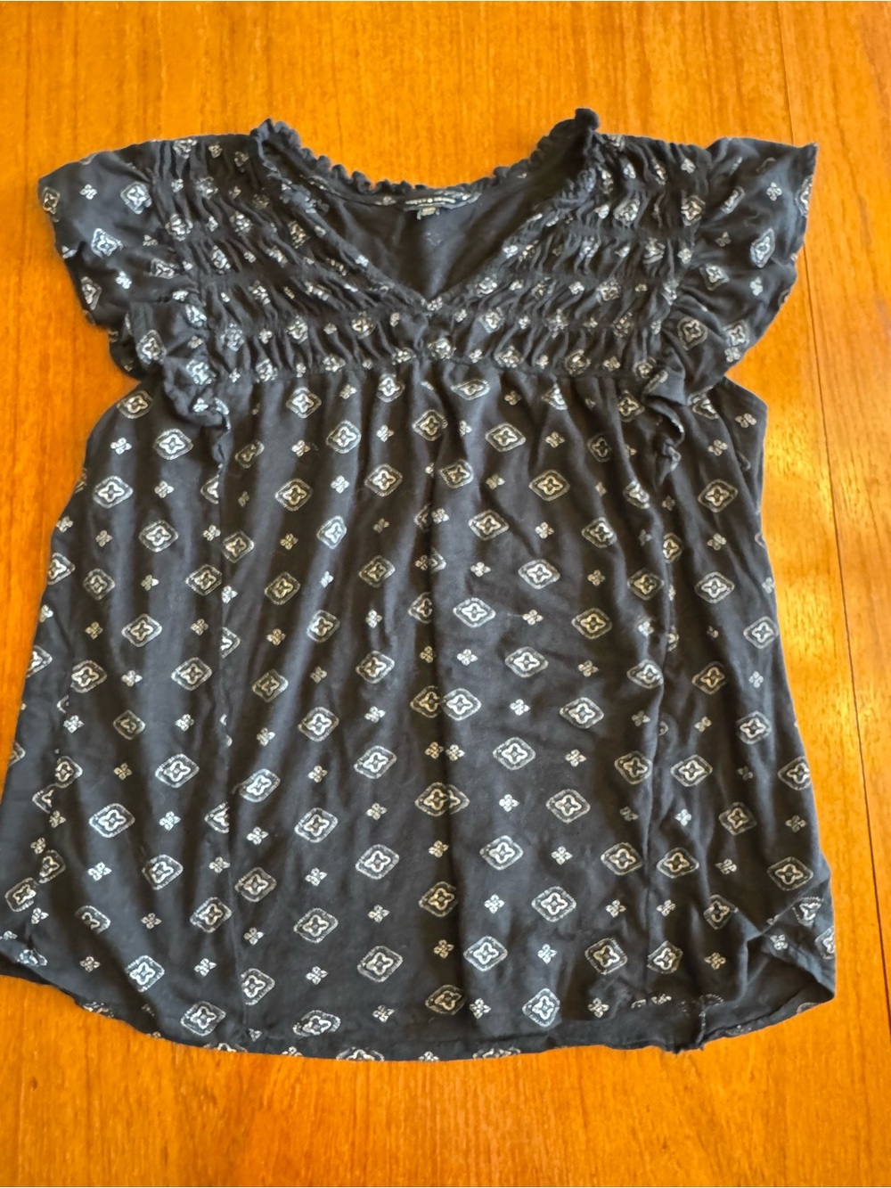 Lucky Brand Black Short-Sleeve Smocked Yoke Top